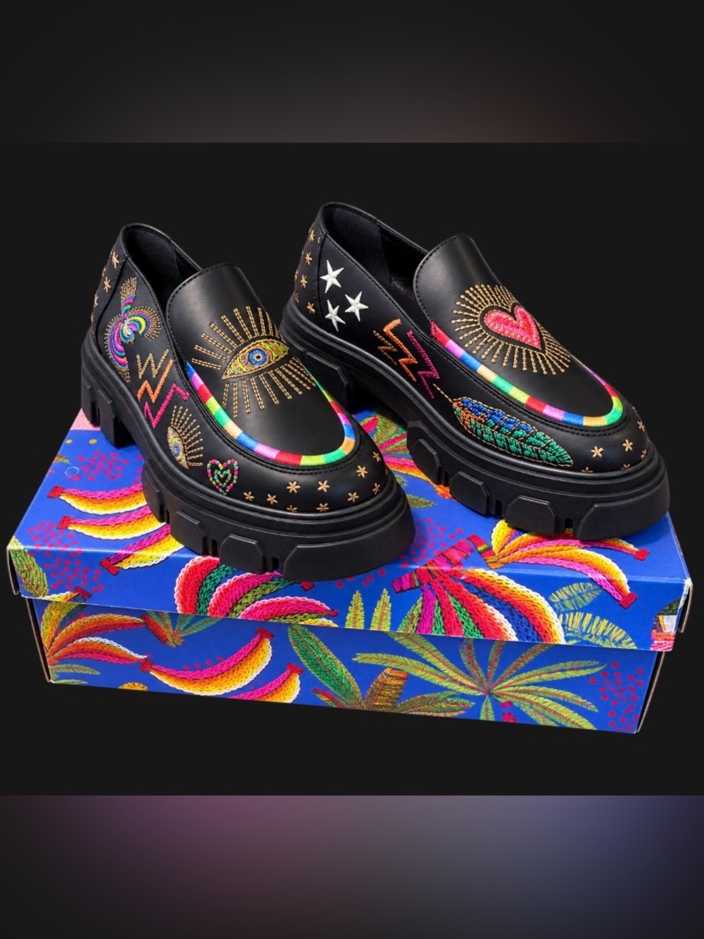 Farm Rio Black Embroidered Platform Loafers with Multicolor Accents